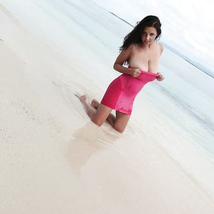Pink dress on a paradise beach - brunette