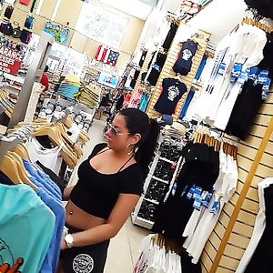 Candid voyeur hottie in gym shorts big tits shopping - booty