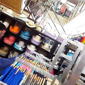 Candid voyeur hottie in gym shorts big tits shopping - booty