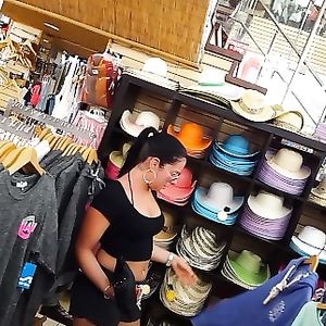 Candid voyeur hottie in gym shorts big tits shopping - booty