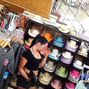 Candid voyeur hottie in gym shorts big tits shopping - booty