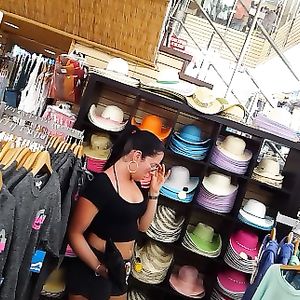 Candid voyeur hottie in gym shorts big tits shopping - booty