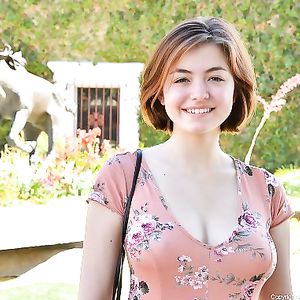 redhead Aria Sky undressing outdoors to flaunt her nice big tits - aria sky