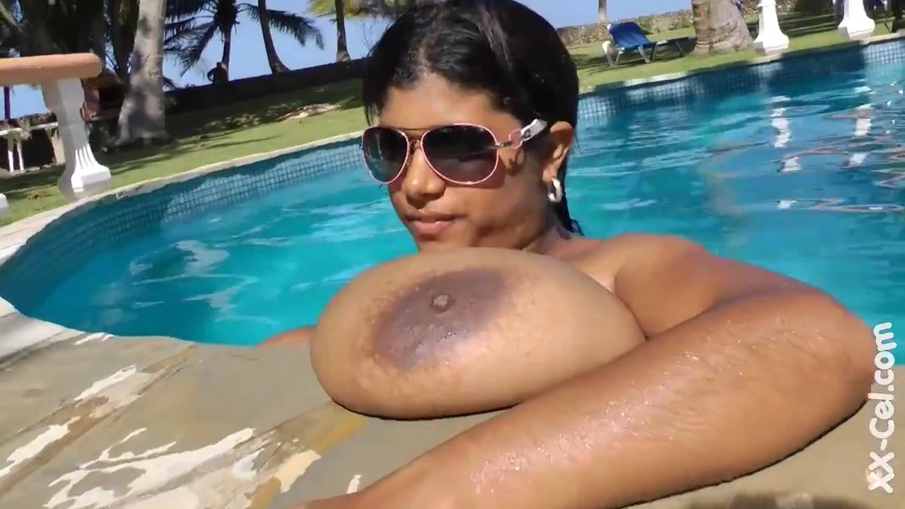Krissy Pool Fun - Black monster boobs solo outdoors